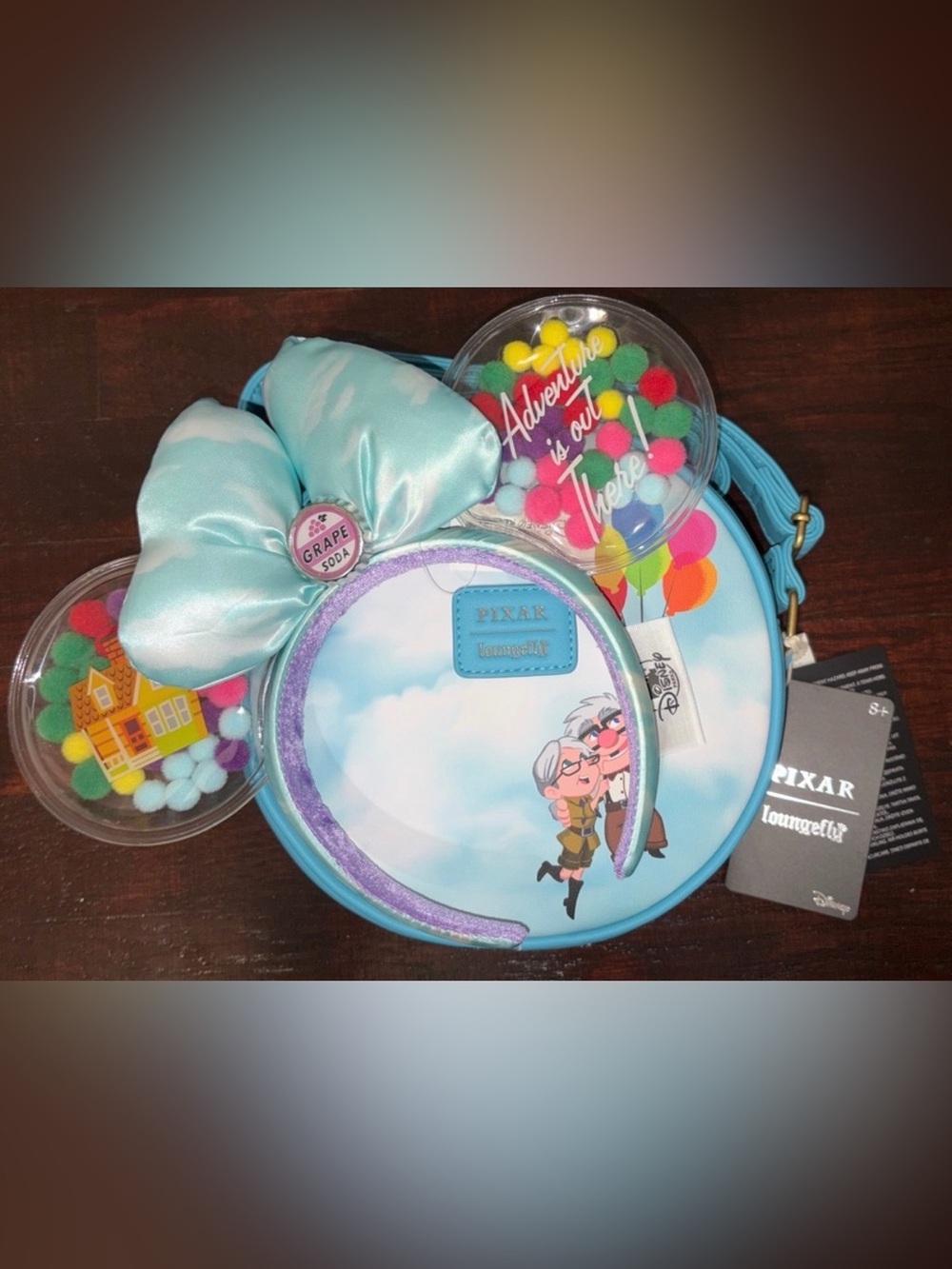 Grape Soda Pom Pom Ear Headband - Pastel Aqua Bow - Picture 2 of 3